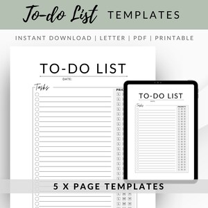May include: Five printable to-do list templates in black and white. Each template has a section for tasks, date, and priority. The text "To-do List" is at the top of each template.
