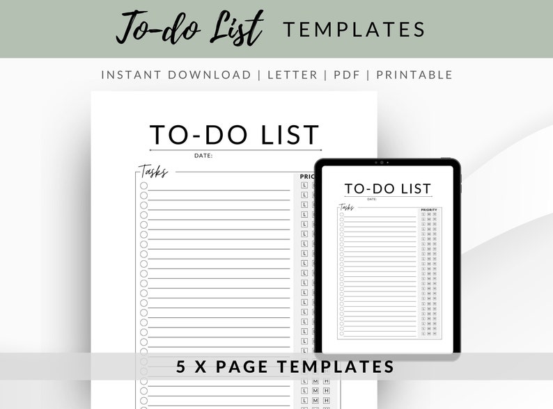 May include: Five printable to-do list templates in black and white. Each template has a section for tasks, date, and priority. The text "To-do List" is at the top of each template.