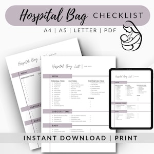 Lista de verificación de bolsas de hospital, lista de mamá para ser hospital, lista de bolsas de hospital de bebé, papá y mamá, lista de verificación de parto y parto, imprimible, A4, A5, carta