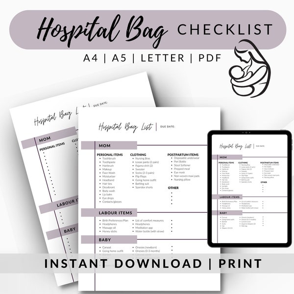 Hospital Bag Checklist, Mom to be Hospital List, Baby, Dad & Mom Hospital Bag List, Labour and Delivery Checklist, Printable, A4, A5, Letter