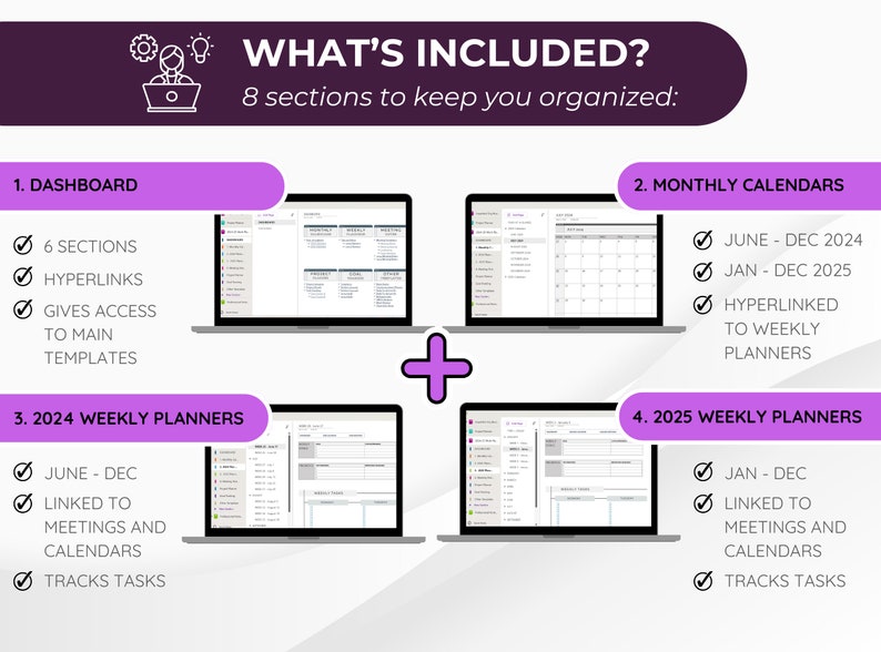 May include: A graphic showing the contents of a digital planner. The planner includes a dashboard, monthly calendars, and weekly planners for 2024 and 2025. The text "WHAT'S INCLUDED?" is at the top of the graphic. The text "8 sections to keep you organized" is below the title.