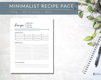 Minimalistische Rezept Seite Vorlage: Druckbar, Bearbeitbar in Canva (PDF)