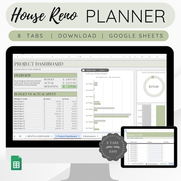 Planificateur de rénovation domiciliaire | Feuille de calcul pour rénovation résidentielle Google Sheets | Planificateur de projet de maison | Suivi du budget rénovation