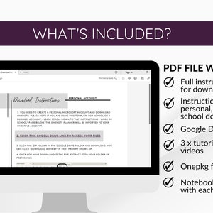 What's included:
- instructions for downloading
- instructions or work, personal and school accounts
- Google drive link
- 3 x tutorial videos
- onepkg file
- notebook folder with each section