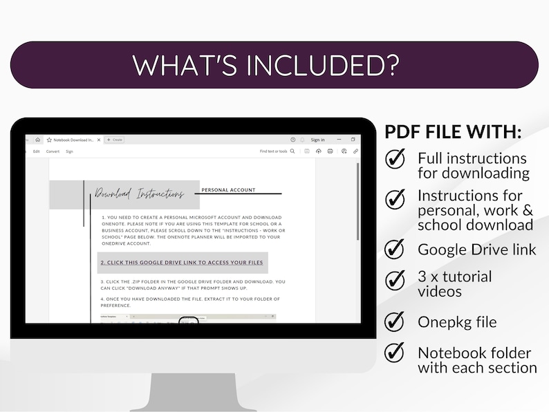 What's included:
- instructions for downloading
- instructions or work, personal and school accounts
- Google drive link
- 3 x tutorial videos
- onepkg file
- notebook folder with each section