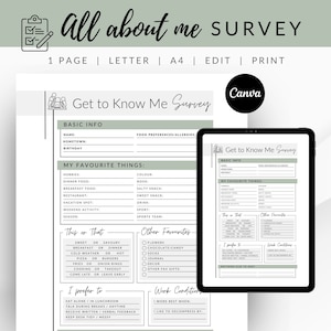 Alles über mich-Umfrage, Kennenlern-Fragen, Mitarbeiter-Fragen, Mitarbeiter-Favoriten, Team-Gebäude-Vorlage, CANVA druckbar