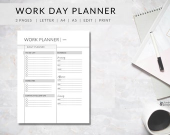 Planificador minimalista de jornada laboral: diario, semanal y mensual (CANVA PDF)