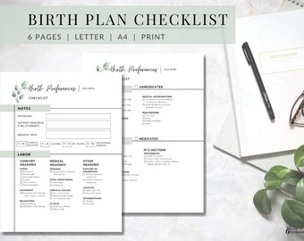 Geburtsplan Vorlage | GREENERY Themed | DRUCKBARE Geburtspräferenzen Checkliste | Geburtsplaner für Geburt und Geburt