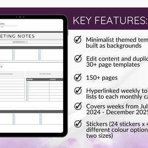 May include: A digital planner template for meetings, featuring a minimalist design with a gray and white color scheme. The template includes sections for date, attendees, items discussed, action items, and owner. The planner also includes a summary section and a section for attendees. The template is designed to help users organize and track their meetings.