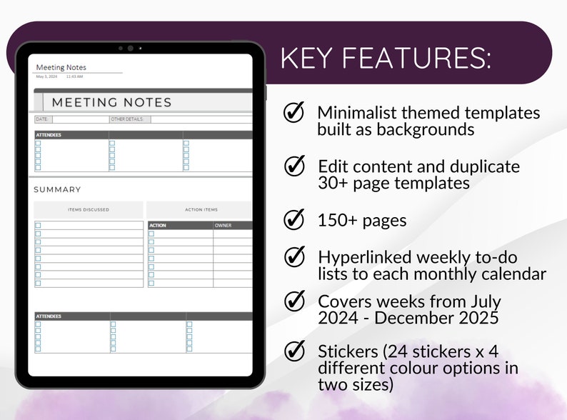 May include: A digital planner template for meetings, featuring a minimalist design with a gray and white color scheme. The template includes sections for date, attendees, items discussed, action items, and owner. The planner also includes a summary section and a section for attendees. The template is designed to help users organize and track their meetings.