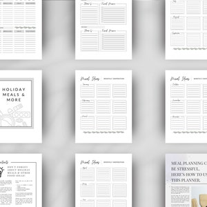 Pu&ograve; includere: Un planner stampabile per la pianificazione dei pasti, con sezioni per i pasti delle festivit&agrave;, idee per i pasti mensili e una pagina che spiega come utilizzare il planner. Il planner ha un design in bianco e nero con un'estetica semplice e moderna.