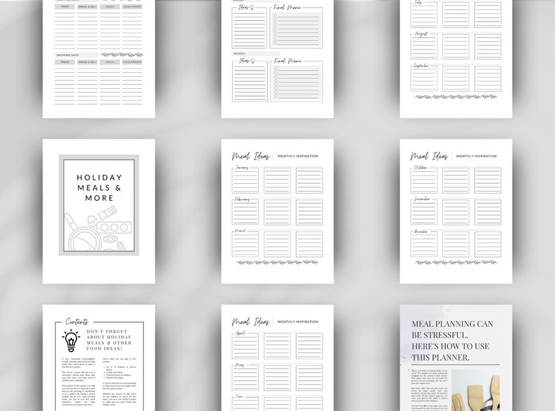 Pu&ograve; includere: Un planner stampabile per la pianificazione dei pasti, con sezioni per i pasti delle festivit&agrave;, idee per i pasti mensili e una pagina che spiega come utilizzare il planner. Il planner ha un design in bianco e nero con un'estetica semplice e moderna.