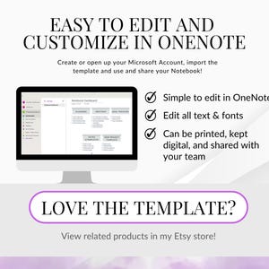 May include: A computer monitor displays a digital planner template with the text "EASY TO EDIT AND CUSTOMIZE IN ONENOTE." The image highlights features like easy editing, font customization, and sharing options.