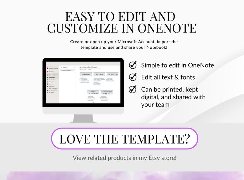 May include: A computer monitor displays a digital planner template with the text "EASY TO EDIT AND CUSTOMIZE IN ONENOTE." The image highlights features like easy editing, font customization, and sharing options.