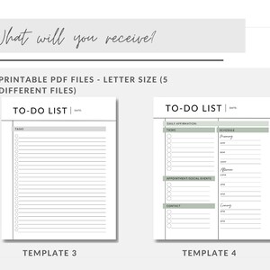 May include: Two printable to-do list templates in black and white with a light green background. The first template has a section for tasks and the second template has sections for daily affirmation, tasks, schedule, appointments/social events, and contact.