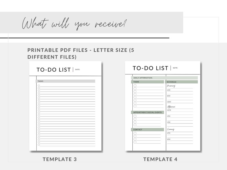 May include: Two printable to-do list templates in black and white with a light green background. The first template has a section for tasks and the second template has sections for daily affirmation, tasks, schedule, appointments/social events, and contact.