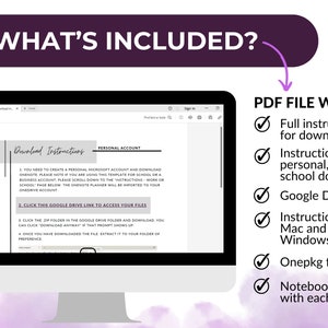 May include: A computer screen displaying instructions for downloading a planner template. The instructions include creating a Microsoft account, downloading OneNote, and accessing files from Google Drive. The text on the screen reads "Download Instructions" and "Personal Account". The image also includes a list of items included in a PDF file, such as full instructions for downloading, instructions for personal, work, and school download, a Google Drive link, instructions for Mac and Windows, a Onepkg file, and a notebook folder with each section.