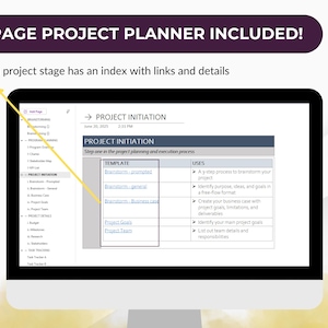 Puede incluir: Una pantalla de ordenador muestra una plantilla de planificador de proyectos con el texto "11-PAGE PROJECT PLANNER INCLUDED!" y "PROJECT INITIATION." El planificador incluye un &iacute;ndice con enlaces y detalles, y una secci&oacute;n de lluvia de ideas.