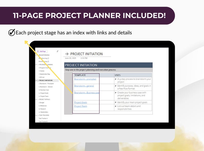 Puede incluir: Una pantalla de ordenador muestra una plantilla de planificador de proyectos con el texto "11-PAGE PROJECT PLANNER INCLUDED!" y "PROJECT INITIATION." El planificador incluye un &iacute;ndice con enlaces y detalles, y una secci&oacute;n de lluvia de ideas.