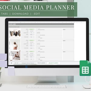 Op de afbeelding: Een computerscherm met een spreadsheet voor het plannen van sociale media met vier tabbladen: Instellen, Instagram Stories Planner, Feed Planner en Januari Planner. De spreadsheet is georganiseerd per dag en bevat kolommen voor afbeelding, contenttype, tijd, bijschrift, notities en hashtags.