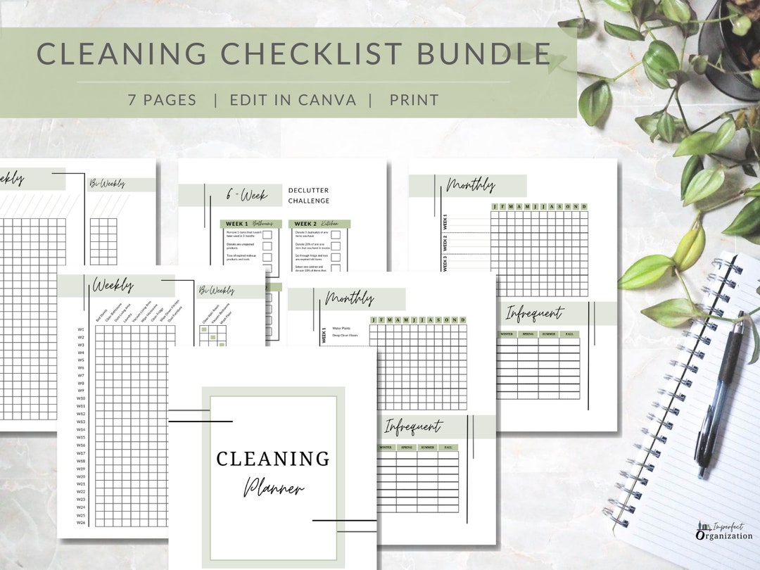 Printable Cleaning Checklist Bundle: Weekly, Monthly, Editable in Canva ...