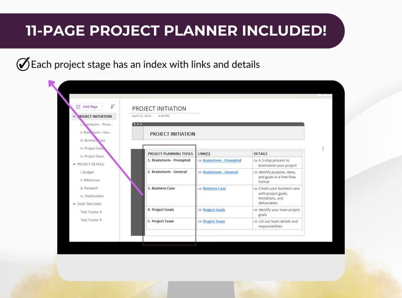 May include: A computer screen displays a project planner with the text "11-PAGE PROJECT PLANNER INCLUDED!" and "Each project stage has an index with links and details." The planner includes sections for project initiation, details, and task tracking.