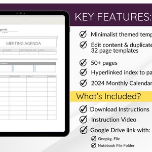 Pu&ograve; includere: Un tablet digitale che mostra un modello di agenda di riunione con un design minimalista. Il modello include sezioni per data, luogo, ora di inizio, ora di fine, partecipanti previsti, voci, presentato da, dettagli e durata. L'immagine include anche un elenco delle funzionalit&agrave; chiave e di ci&ograve; che &egrave; incluso nel modello.