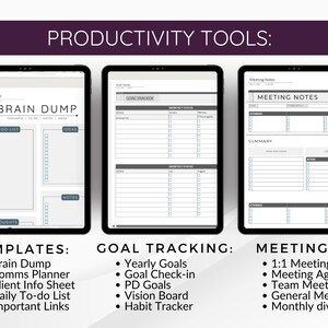 May include: Three digital tablet screens showing productivity tools for goal tracking, meeting notes, and brain dumping. The screens are labeled "Goal Tracker", "Meeting Notes", and "Brain Dump".