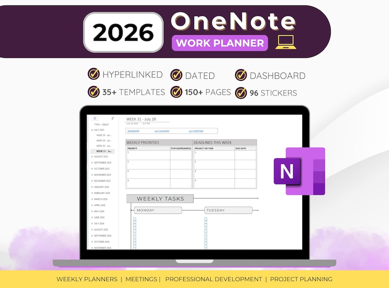 Planificador de trabajo de OneNote 2025-2026: Plantilla digital profesional (Descargar PDF) imagen 1