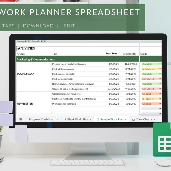 Work Planner Spreadsheet  |  Project Management Spreadsheet  |   Work day organizer  |  Work project tracker  |  Work Productivity Planner