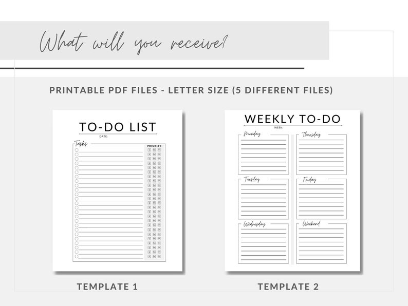 May include: Two printable to-do list templates in black and white. The first template is a simple to-do list with space for tasks, dates, and priority levels. The second template is a weekly to-do list with space for each day of the week.