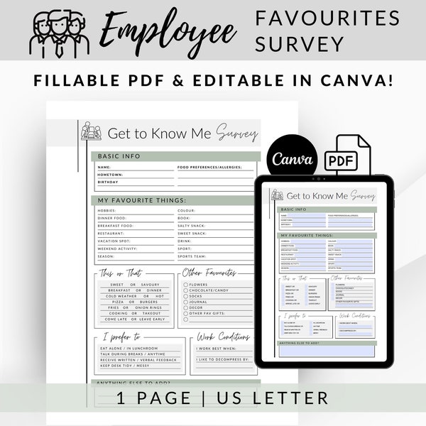 Employee Favorites Survey, Editable Coworker Questionnaire (PDF & Canva)