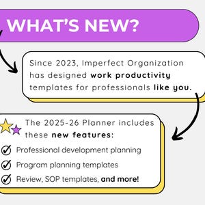 Puede incluir: Gr&aacute;fico con el texto "WHAT'S NEW?" en blanco sobre una pancarta morada. Debajo, el texto en un cuadro blanco indica que Imperfect Organization dise&ntilde;a plantillas de productividad laboral. El Planificador 2025-26 incluye planificaci&oacute;n del desarrollo profesional y plantillas de planificaci&oacute;n de programas.