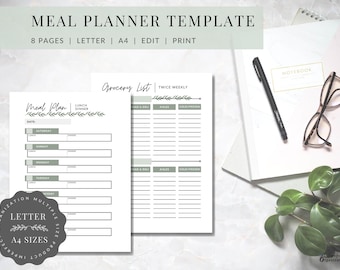 May include: A printable meal planner template with a green and white color scheme. The template includes a meal plan section with space for seven days of the week, a grocery list section, and a title that reads "Meal Planner Template".