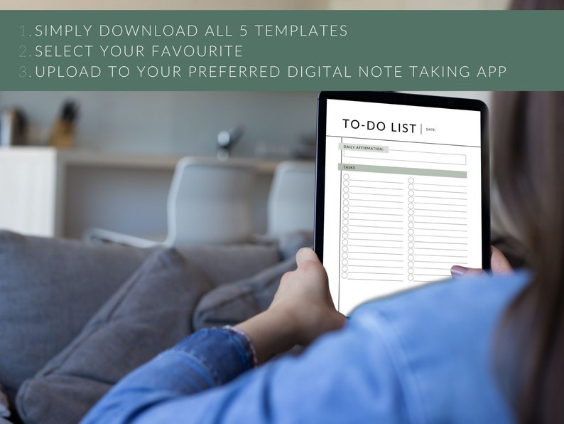 May include: A person using a tablet to view a to-do list template. The template has sections for daily affirmations and tasks. The text on the tablet reads "TO-DO LIST".