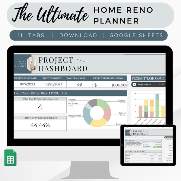 Ultimate Home Reno Planner, Google Sheets House Renovation Spreadsheet, House project planner, Renovation budget tracker