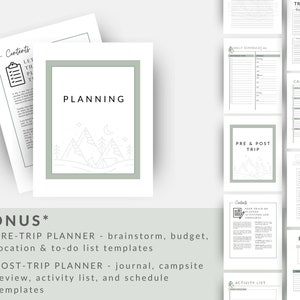 Pu&ograve; includere: Un planner di campeggio stampabile con uno schema di colori verde e bianco. Il planner include sezioni per la pianificazione pre-viaggio, i punti salienti del viaggio, la revisione del campeggio, la posizione e la pianificazione post-viaggio. Il planner include anche un planner pre-viaggio e un planner post-viaggio bonus.