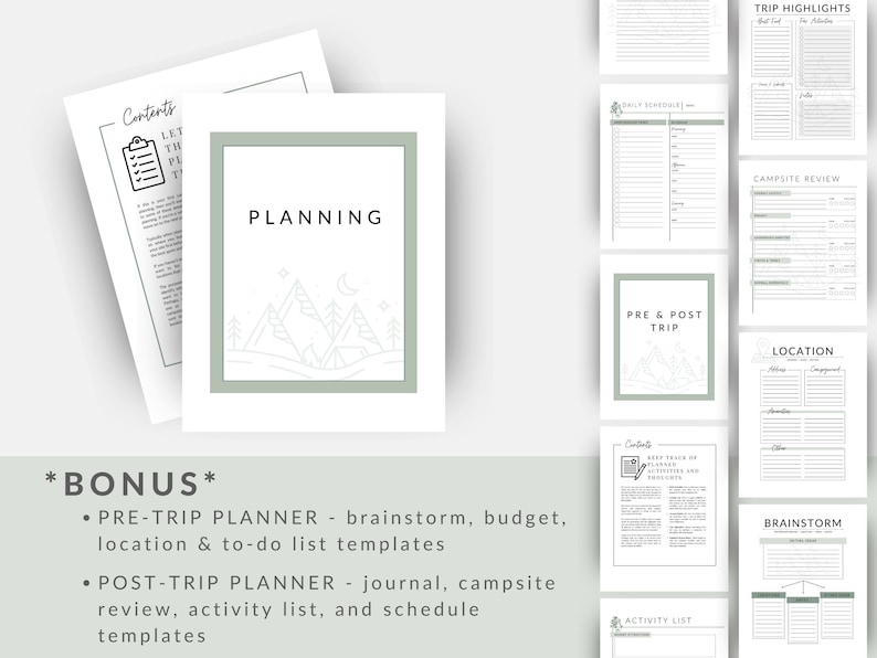 Pu&ograve; includere: Un planner di campeggio stampabile con uno schema di colori verde e bianco. Il planner include sezioni per la pianificazione pre-viaggio, i punti salienti del viaggio, la revisione del campeggio, la posizione e la pianificazione post-viaggio. Il planner include anche un planner pre-viaggio e un planner post-viaggio bonus.