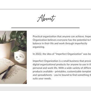 May include: A close-up of a text-based image with the words "About" and "Imperfect Organization" in black text on a white background. The text describes the company's mission to provide practical organization tools for anyone to achieve balance in their life and work.