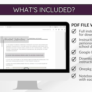 Pu&ograve; includere: Uno schermo di computer che mostra un file PDF con istruzioni per scaricare un planner. Le istruzioni includono la creazione di un account Microsoft, il clic su un link di Google Drive e l'estrazione del file in una cartella di preferenza. Il file PDF include anche un video di istruzioni di download, un file Onepkg e una cartella di quaderno con ogni sezione.
