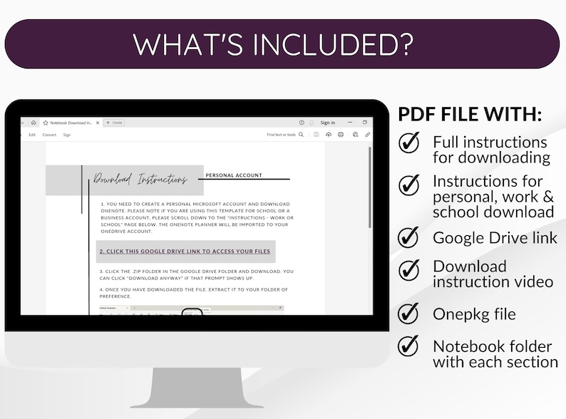Pu&ograve; includere: Uno schermo di computer che mostra un file PDF con istruzioni per scaricare un planner. Le istruzioni includono la creazione di un account Microsoft, il clic su un link di Google Drive e l'estrazione del file in una cartella di preferenza. Il file PDF include anche un video di istruzioni di download, un file Onepkg e una cartella di quaderno con ogni sezione.