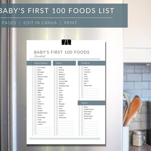 Baby First 100 Foods List  |  PRINTABLE Baby Led Weaning List  |   EDITABLE Baby first food tracker | Baby's first 100 foods list