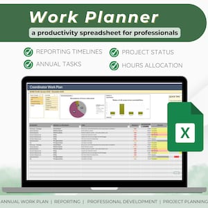 May include: A laptop displays a work planner spreadsheet. The screen shows data visualizations and a detailed table. Text at the top reads "Work Planner" and "a productivity spreadsheet for professionals." Checkmarks highlight features like reporting timelines and project status.