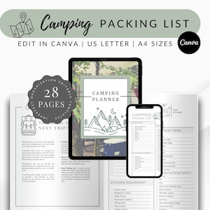 Camping Packliste, EDITIERBARE Camping Planer, druckbare Camping Pack Checkliste, ultimative Camping Packliste, PDF, CANVA