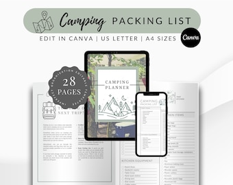 Packlista för camping: Redigerbar planerare och checklista (PDF, Canva)