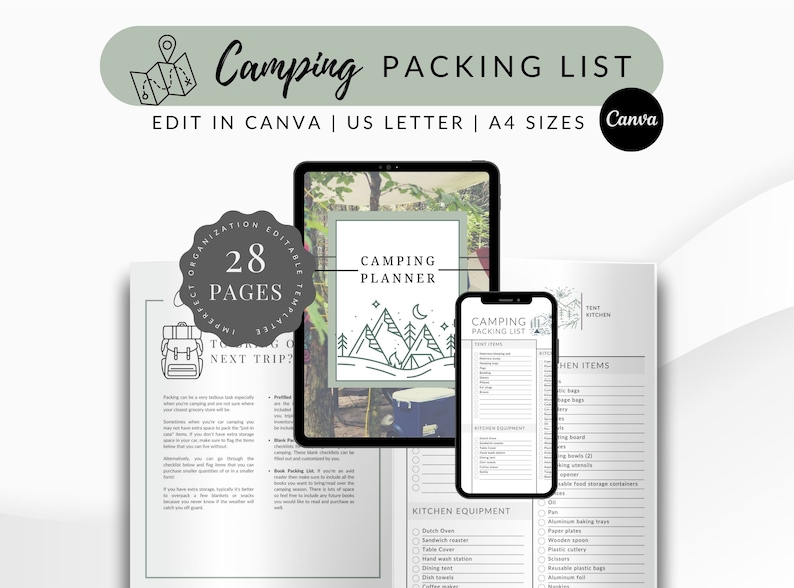 Pu&ograve; includere: Un elenco di imballaggio e un pianificatore di campeggio stampabili di 28 pagine. La copertina presenta un'illustrazione verde e bianca di montagne, una tenda, una luna e stelle. Il testo "Camping Planner" &egrave; in nero.