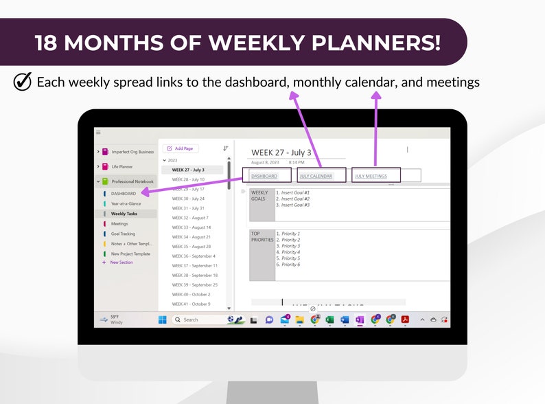 May include: A computer screen displaying a weekly planner with tabs for dashboard, weekly calendar, and weekly meetings. The planner is titled "Week 27 - July 3".