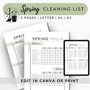 Lista de verificación de limpieza de primavera, Lista de verificación de Canva EDITABLE, Horario de limpieza, Lista de limpieza de la casa IMPRIMIBLE, A4, A5, Carta