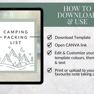 Pu&ograve; includere: Un tablet digitale che mostra un elenco di controllo per l'imballaggio del campeggio stampabile. L'elenco &egrave; illustrato con un disegno a linee di montagne, una tenda e una luna crescente. Il testo sul tablet recita "Camping Packing List". Le istruzioni per scaricare e utilizzare il modello sono elencate sul lato destro dell'immagine.
