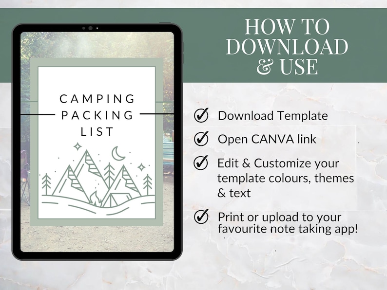 Pu&ograve; includere: Un tablet digitale che mostra un elenco di controllo per l'imballaggio del campeggio stampabile. L'elenco &egrave; illustrato con un disegno a linee di montagne, una tenda e una luna crescente. Il testo sul tablet recita "Camping Packing List". Le istruzioni per scaricare e utilizzare il modello sono elencate sul lato destro dell'immagine.